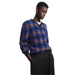 COS Relaxed Fit Fuzzy Alpaca Checked Blue Black Orange Knit Sweater Men's Medium